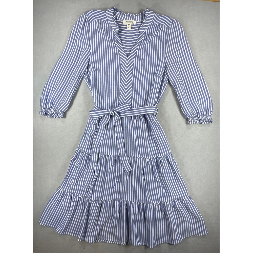 Monteau Womens Dress Tiered Midi Blue White Stripe Rayon Large